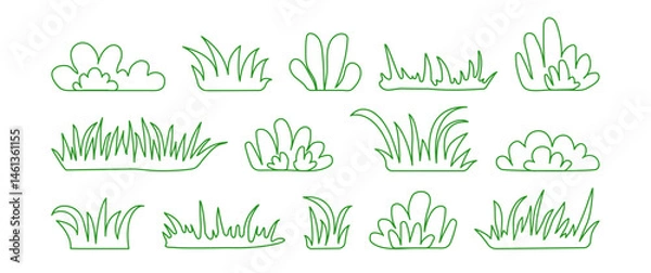 Fototapeta Bush grass linear icon, meadow tuft doodle outline design, grass tuft, small lawn, green sketch plant on white bg. Garden thicket hand draw border. Floral scribble editable stroke. Vector illustration