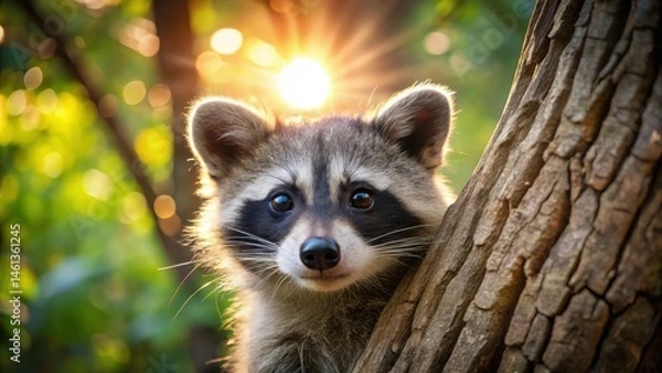 Fototapeta A cute raccoon peeking out from behind a tree branch with sunlight filtering through its fur, nature