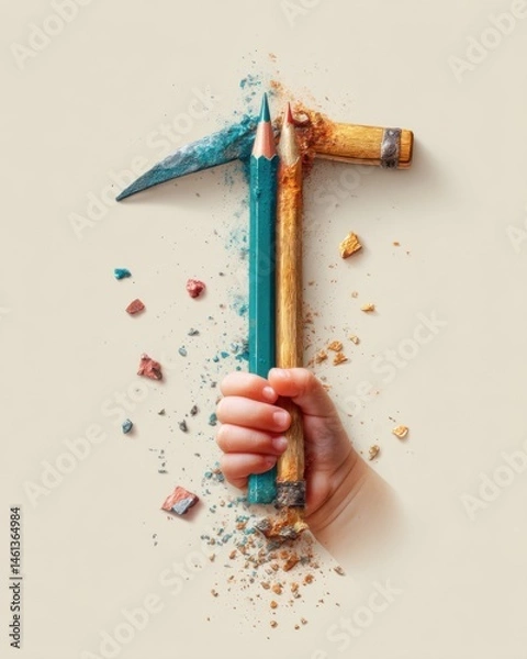 Fototapeta Child Labor and Exploitation. Child's Hand Holding a Broken Teal Pencil and Hammer