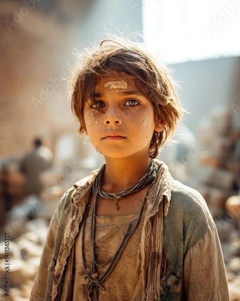 Fototapeta Child Labor and Exploitation. Portrait of a Dusty Young Boy in a Ruined Building