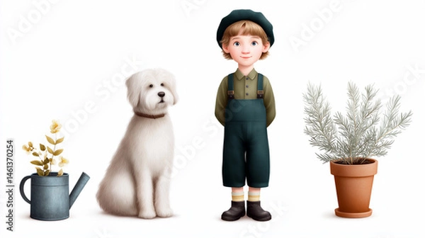 Fototapeta A boy stands between a white dog and a potted plant
