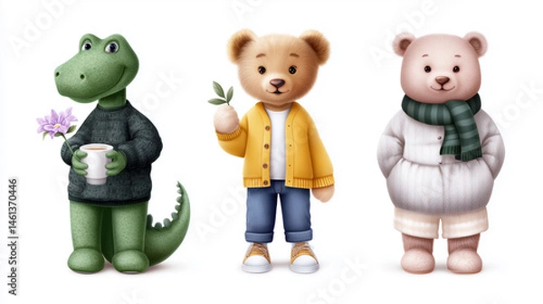 Fototapeta Three stuffed animals, a bear, a crocodile, and a turtle