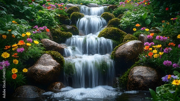 Fototapeta Cascading Waterfall Amidst Colorful Blooms