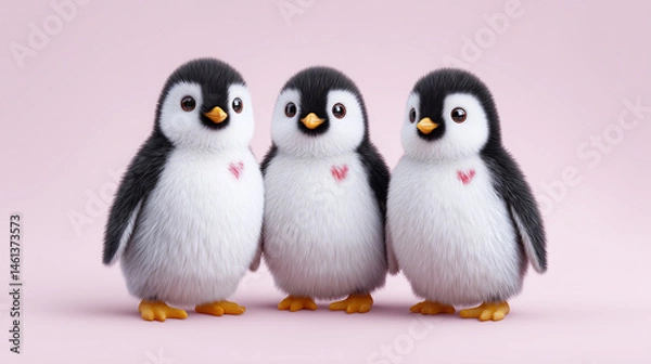 Fototapeta Three penguins standing next to each other with hearts on their chests