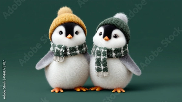 Fototapeta Two penguins wearing hats and scarves are standing next to each other