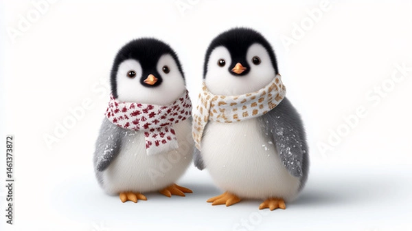 Fototapeta Two penguins are wearing scarves and standing next to each other