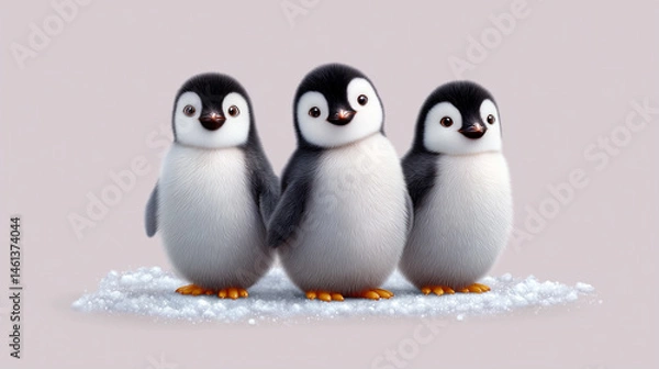 Fototapeta Three penguins are standing on a snowy surface