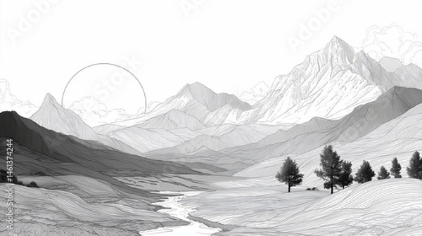 Fototapeta A mountain range with a large sun in the sky
