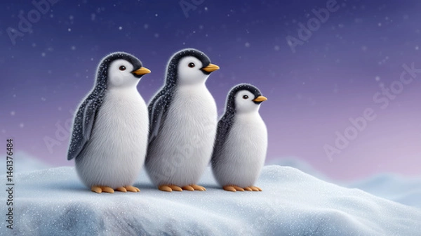 Fototapeta Three penguins standing on a snowy hill