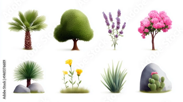 Fototapeta A collection of trees and plants, including a palm tree