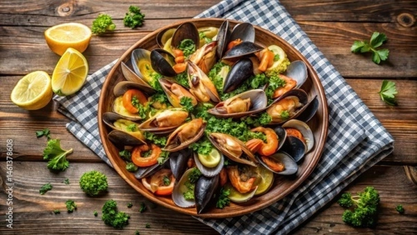 Fototapeta A beautifully styled platter of steamed mussels, clams, and shrimp, accompanied by a wedge of lemon and a sprinkle of parsley on a rustic wooden tablecloth , parsley, seafood feast