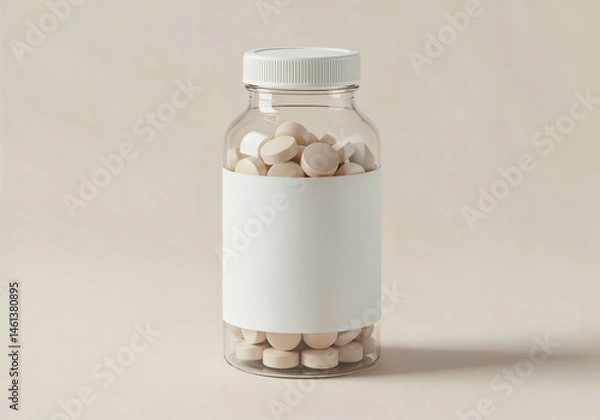 Obraz transparent plastic pill bottle with light pills, with blank label placeholder
