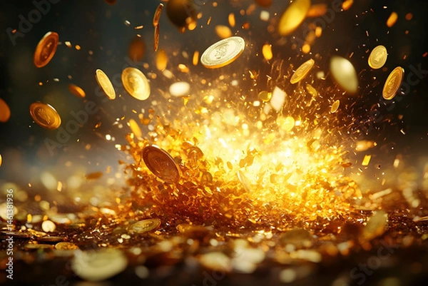 Fototapeta Golden coins exploding in a dramatic monetary display.