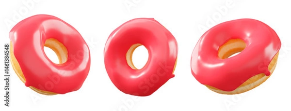 Fototapeta Donuts with red fruit glaze, sprinkles, white drizzle, and dots isolated on white transparent background. 3d rendering and illustration of dessert variety