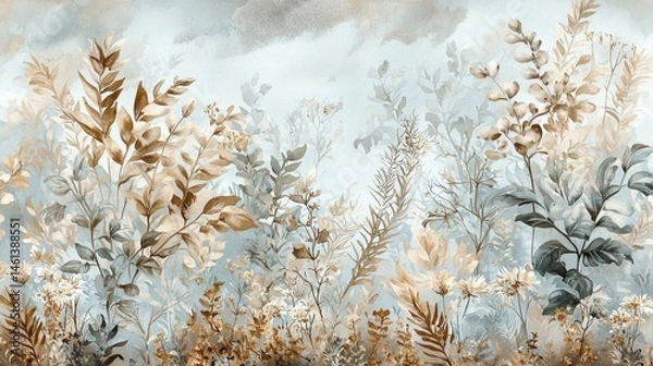 Fototapeta Elegant watercolor paintings with gold accents and botanical illustrations.
