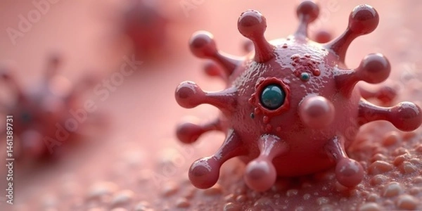 Obraz 3D render of a histamine molecule with irritated-looking red and inflamed pink atoms against a textured skin-like background with subtle allergic reaction patterns