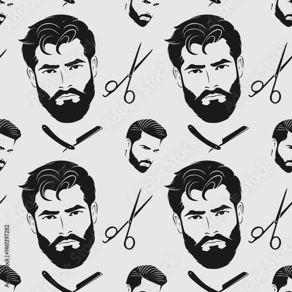 Fototapeta Barbershop seamless pattern with hipster face, hairdressing scissors and razor. Vector illustration