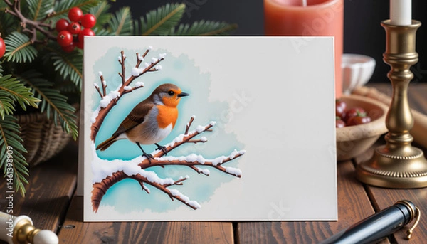Fototapeta Winter Robin perched on snowy branch with festive decor  