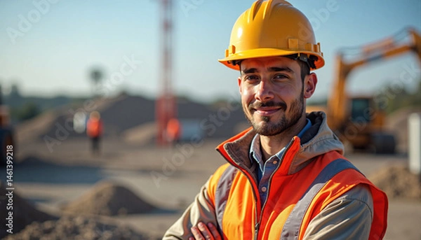 Fototapeta Confident Construction Worker in Safety Vest at a Busy Worksite with Excavator and Crane