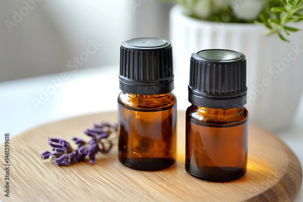 Fototapeta Aromatic essential oils with lavender on wooden tray in spa setting