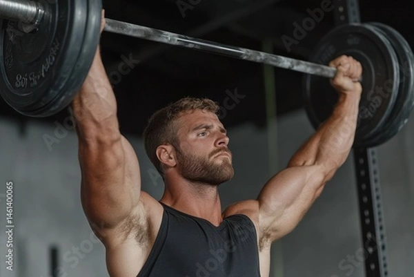 Obraz Strong Man Lifting Heavy Barbell for Weightlifting