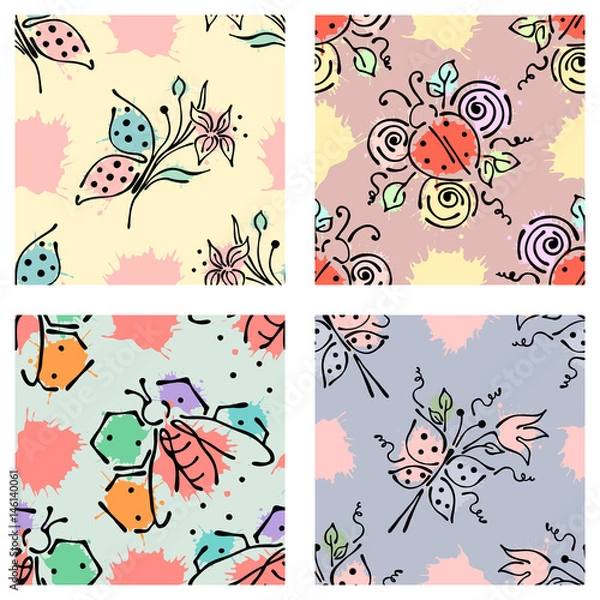 Fototapeta Vector seamless floral pattern with butterfly flowers, leaves, decorative elements, splash, blots, drop Hand drawn contour lines and strokes Doodle sketch style, graphic vector drawing illustration