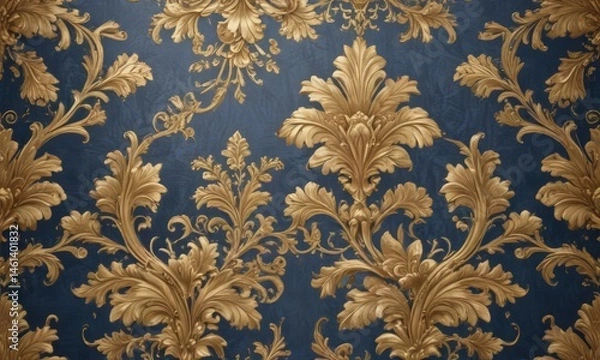 Obraz Elegant gold and blue floral damask  Subtle sheen, intricate details , blue, background texture