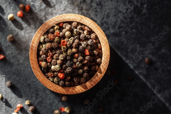 Fototapeta Colorful peppercorns in a wooden bowl on a dark surface with natural light