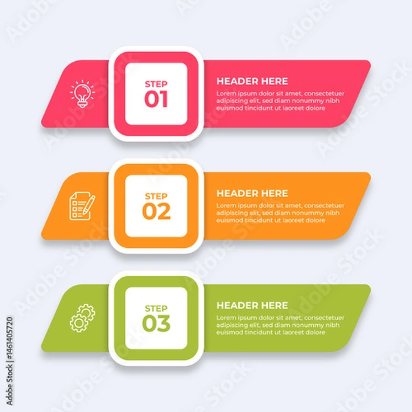 Obraz Three step infographic with a light bulb a checklist and gears.