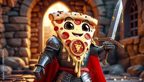 Obraz Pizza Knight Cartoon Character with Sword and Armor