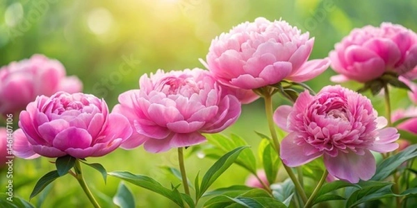 Obraz Delicate pink peony flowers in full bloom with soft petals unfolding against a blurred green grassy background , pink color, fresh natural flower