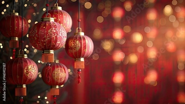 Fototapeta Red lanterns with intricate patterns, festive ambiance.