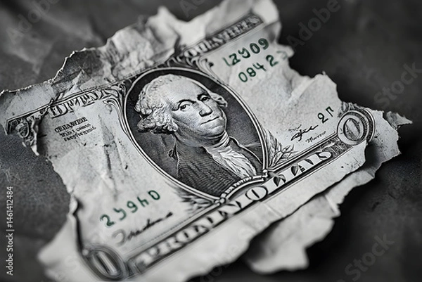 Fototapeta Torn and weathered currency image in grayscale.