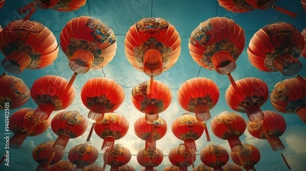 Fototapeta Many vibrant red lanterns hang, creating a festive, upward view.