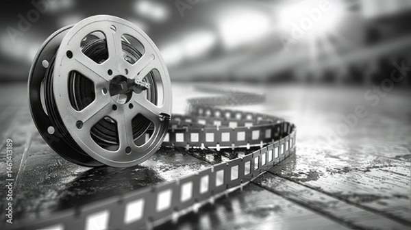 Fototapeta Vintage  reel and winding tape on a weathered surface.