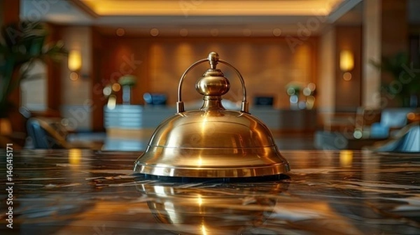 Fototapeta Polished brass service bell resting on a marble reception desk.