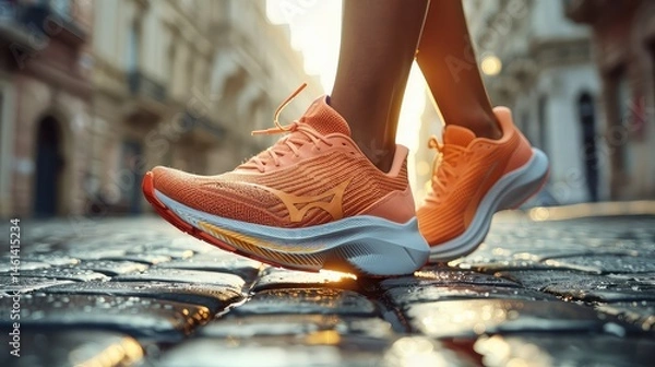 Fototapeta Close-up view of running shoes on cobblestone pavement.