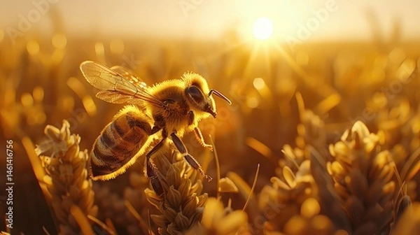 Fototapeta Golden hour honeybee resting on golden wheat.
