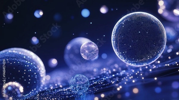 Fototapeta Abstract blue glowing spheres and particles floating in dark space.