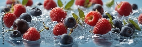 Fototapeta Strawberries, raspberries, and blueberries floating in water with visible splashes and droplets. Studio food photography. Fresh berries and hydration concept. Design for banner, poster, wallpaper