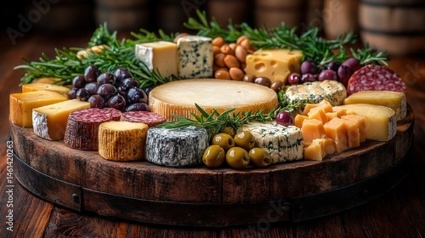 Fototapeta Colorful Cheese Platter with Assorted Cheeses and Fresh Herbs