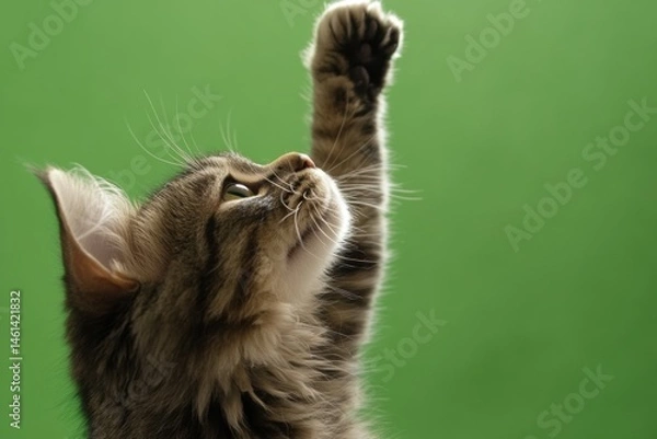 Fototapeta Close-up of a fluffy tabby kitten with its paw raised, playfully reaching upwards against a bright green background. Curious and lively expression, perfect for pet, grooming or play concepts. Banner