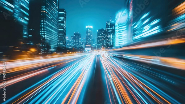 Fototapeta Blurredt city nightscape with motion blur light trails