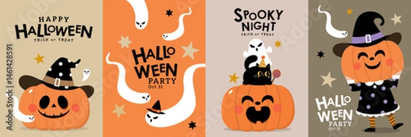 Fototapeta Happy halloween party invitation card with spooky pumpkin in witch hat and cute ghost. Holidays cartoon character. -Vector
