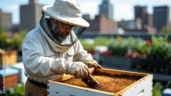 Fototapeta Beekeeper Inspecting Honeycomb Frame on Rooftop