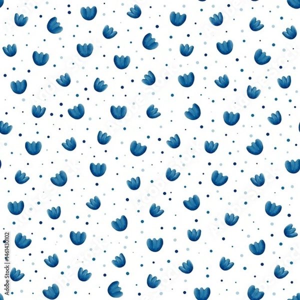 Fototapeta A floral seamless pattern with watercolour tulips buds and dots in blue colours in a white background