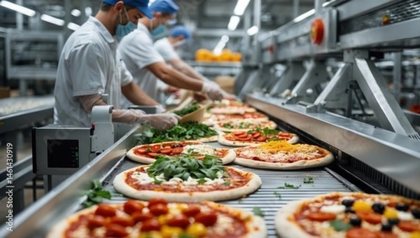 Fototapeta Workers add Toppings to Pizzas on Conveyor Belt