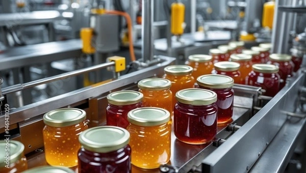 Fototapeta Jars of Jam on Conveyor Belt