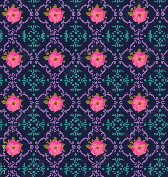 Fototapeta Seamless pattern with luxury damask and roses. Wallpaper, textile, bedding for fabric design.