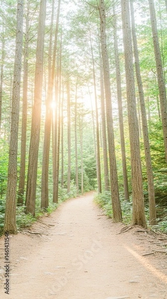 Fototapeta Serene forest pathway at sunrise with tall trees and soft light